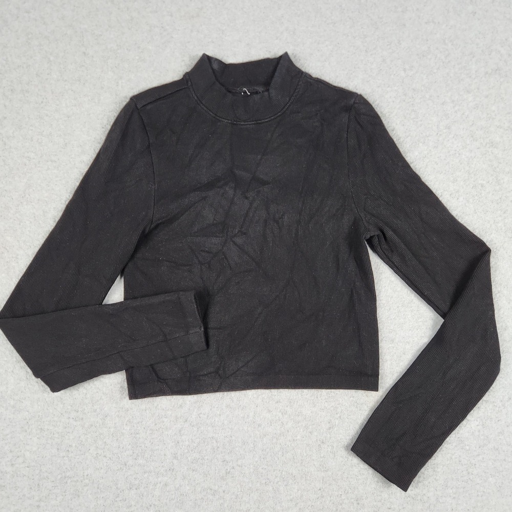Fabletics Crop Top Womens S Black Ribbed Mock Neck Long Sleeve Athletic Pullover